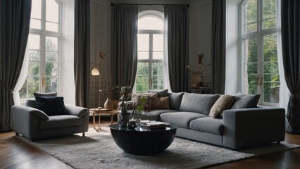 The image depicts a spacious and elegant living room with high ceilings and large windows. The walls are a dark grey color, and the curtains are a deep charcoal. In the center of the room, there is a 