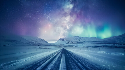 Aurora borealis, Northern lights over road in winter, Northern lights over the road in the...