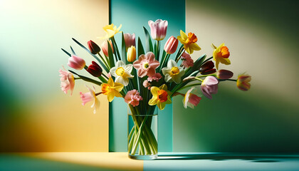 Creatively composed still life of spring flowers, including a mix of tulips and daffodils, 