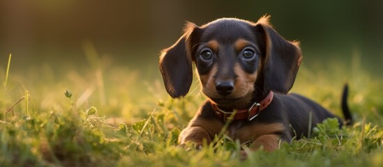 Dachshund pup, a carnivore, is on grass staring at camera
