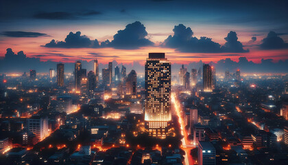 Panoramic view of a city skyline at twilight, with the focus on a single illuminated building...