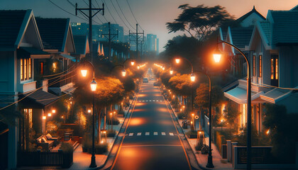 Evening view of an urban neighborhood street, lined with trees and aesthetic street lamps