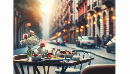 An asymmetrical composition of a quaint street café in early morning, with the main table set with breakfast  - obrazy, fototapety, plakaty