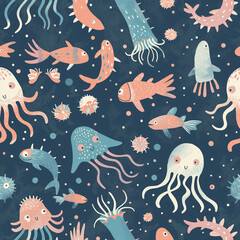 Playful illustration of various sea creatures with a whimsical, childlike charm.