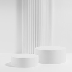 Two white round podiums with striped column as geometric decor, set, mockup on white background. Template for presentation cosmetic products, gifts, goods, advertising, design in modern style. - 772366931