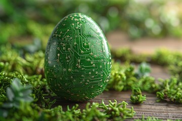 A modern illustration of an Easter banner with an egg with a pattern designed after a digital circuit board. A background in the style of technology for Easter.