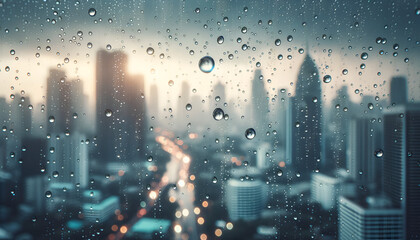  Artistic shot of raindrops on a window, with the focus on a single raindrop trail, the cityscape in the background blurred into a bokeh