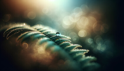 Macro photography of a single dewdrop on a leaf, with the leaf located in the lower third of the frame, 