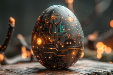 This Greeting card has an abstract 3D egg with a circuit board texture. It is created with Modern Illustrator EPS 10 format. - obrazy, fototapety, plakaty