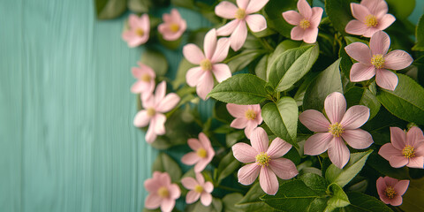 Delicate pink flowers on the background of a wooden fence, copy space