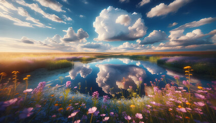 Reflection of a clear blue sky and fluffy clouds in a still pond, surrounded by wildflowers, creating a serene and picturesque landscape