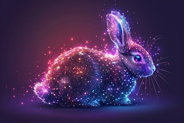 An easter card concept with bunnies and easter eggs in a digital style. Futuristic modern illustration with light effects.