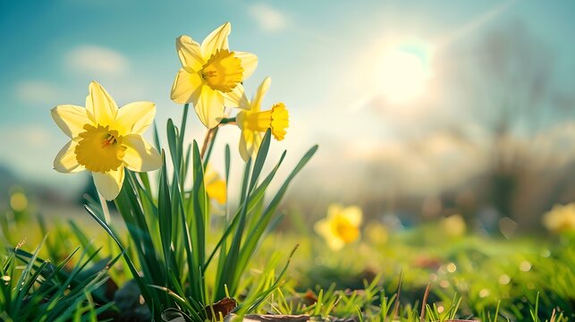 Vibrant daffodils blooming, heralding spring in a sunny field. Nature's beauty captured in daylight. Perfect for spring themes. Fresh, lively outdoor scene. AI