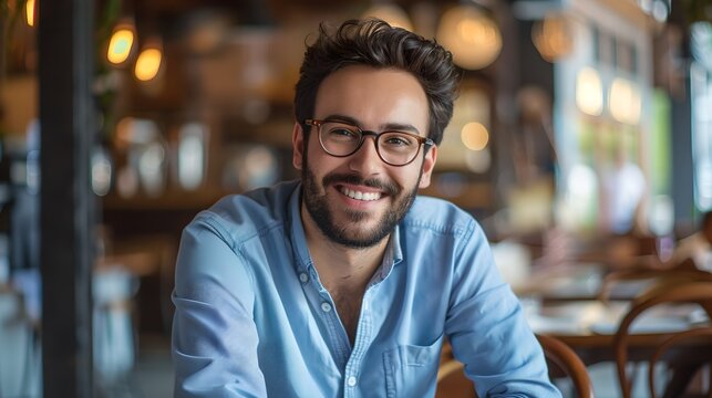 Smiling Young Man In A Casual Blue Shirt Indoors. Confident Male With Glasses Sitting In A Cafe. Portrait Of Happy Adult In Natural Light Setting. Lifestyle Imagery. AI