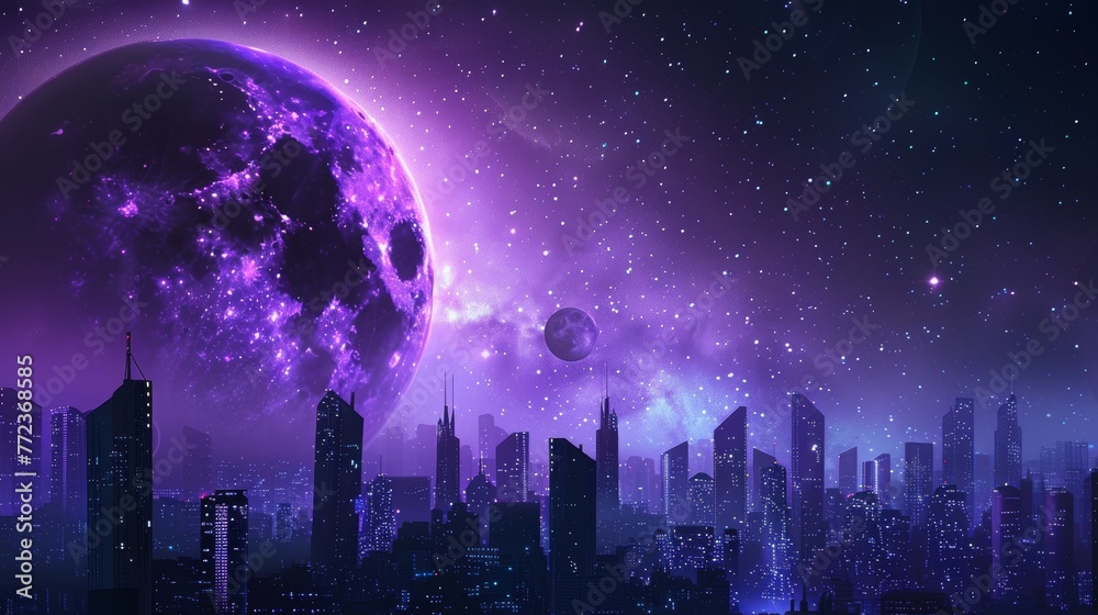 Poster as a background, there is an outer space and a purple planet in this graphic of a futuristic city.