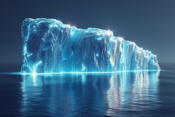 This futuristic illustration of icebergs on a blue background is a metaphor for the hard work behind success. It is an abstract glowing modern illustration suitable for a banner or landing page. - obrazy, fototapety, plakaty