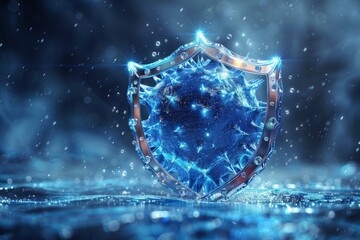 Illustration of an abstract energy shield with a force shield bubble and virus protection on a blue background. Banner, immunity or prevention from microorganisms as a result of energy shields. - obrazy, fototapety, plakaty