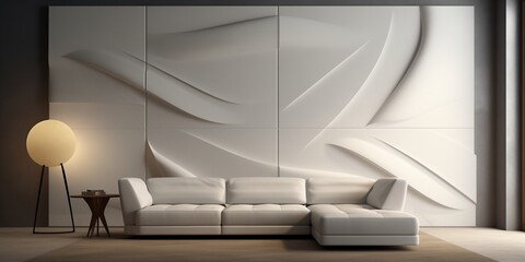 Sleek minimalist furniture against a backdrop of dynamic 3D wall panels.