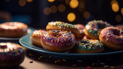 A plate of colorful donuts with sprinkles on top. The donuts are arranged in a way that they look like they are ready to be eaten. The plate is placed on a table