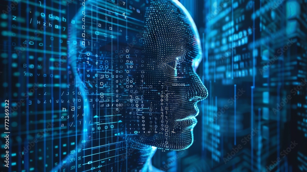 Fototapete Scan technology advancement, combining binary code with the human head, for the detection of faces