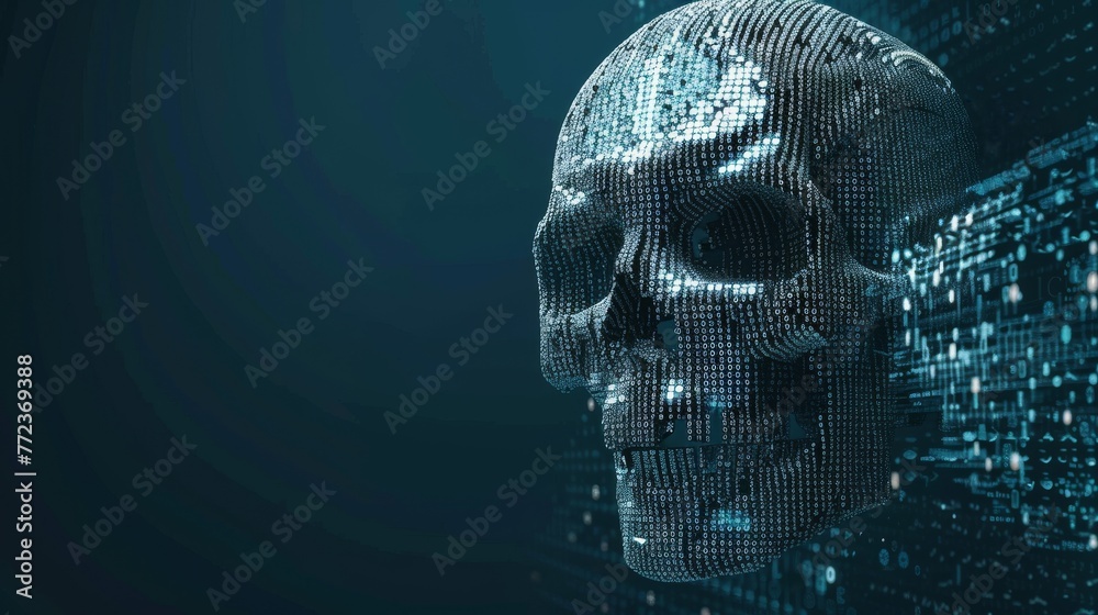 Poster The concept of cyber crime, internet piracy and hacking, combining the shape of the skull with binary code