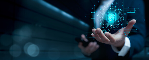 businessman using Ai technology in business by artificial intelligence,  smart robot AI, Futuristic technology transformation, using AI technology for developing running business on cloud computing