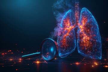 Pulmonologist checking lungs with magnifier for illness. Low poly wireframe style. Concept of pulmonology and lung disease isolated on blue background. - obrazy, fototapety, plakaty