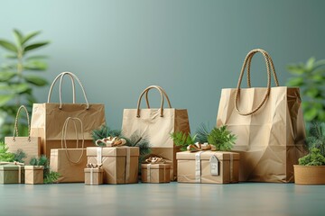 The packaging landing page template contains a shopping banner, a gift wrapping banner, and a cardboard bag illustration. There is an advertisement art homepage design layout for the paper industry. - obrazy, fototapety, plakaty