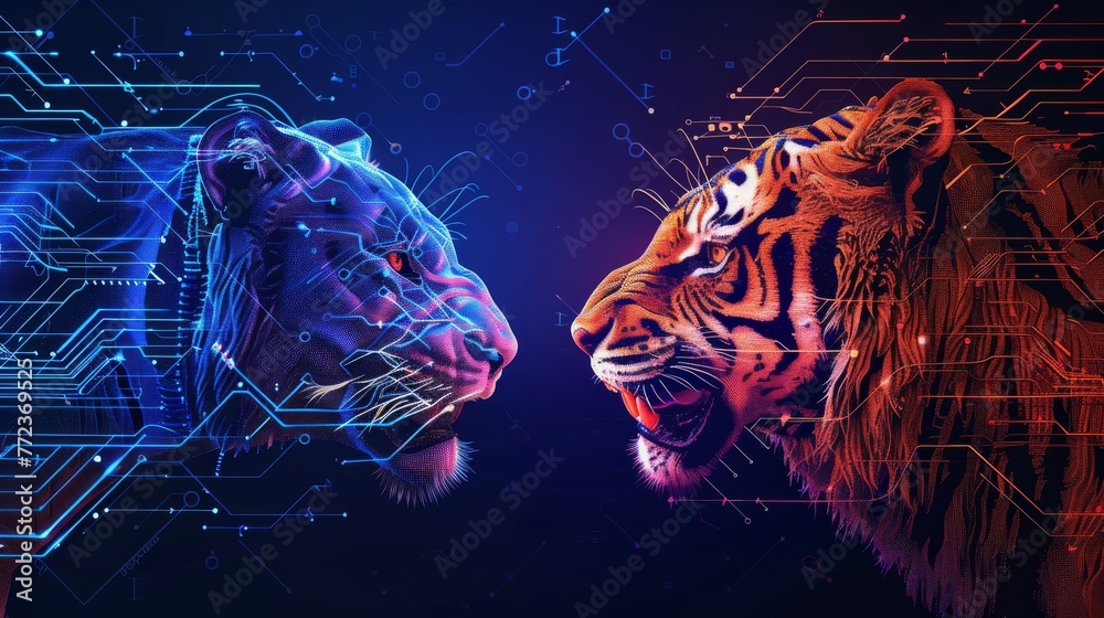 Poster a futuristic lion versus a technological tiger, perforated with an electronic board, a concept of po