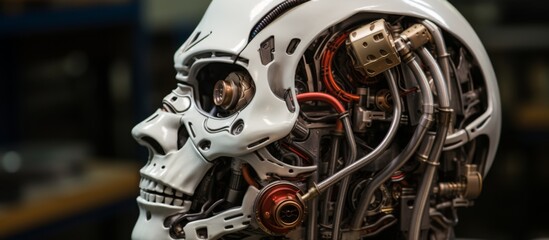 Fototapeta premium Close up of a robotic skull with multiple wires coming out of it