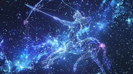The Sagittarius horoscope sign in the twelve zodiac signs with a galaxy star background and a wireframe centaur graphic - obrazy, fototapety, plakaty