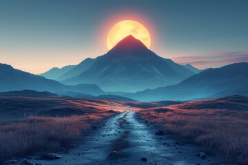 Modern illustration of a mountain with a path up to the top in a digital futuristic style on a blue background. - obrazy, fototapety, plakaty