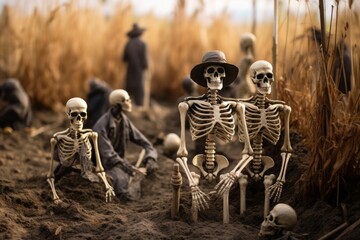 Ominous Skeletons cemetery risen. Human skull. Generate Ai