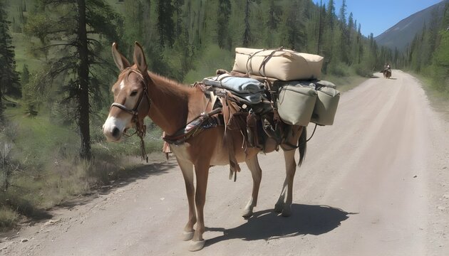 A Mule With A Pack Saddle Loaded With Supplies Fo