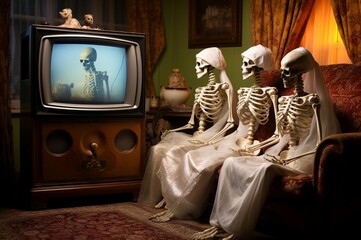 Uncanny Skeletons watching tv. Mummified creatures sitting couch eating and drinking beverages. Generate AI - 772370106