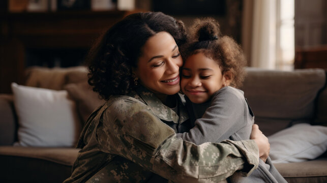 A happy black Mom wearing military clothes hugs her little daughter at home. Family, Motherhood, Parenthood, Children concepts.