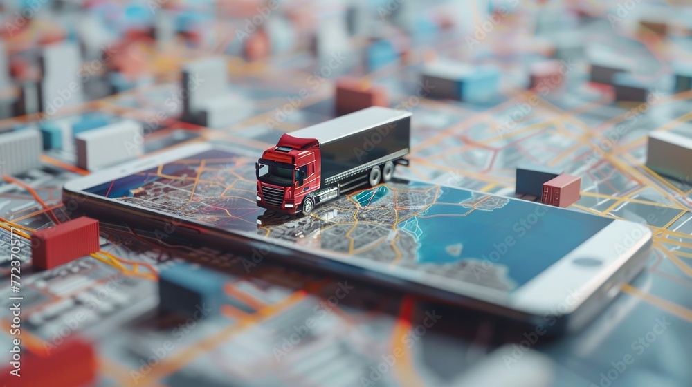 Aufkleber using mobile technology for tracking logistics services, concept of a mobile application with a carg
