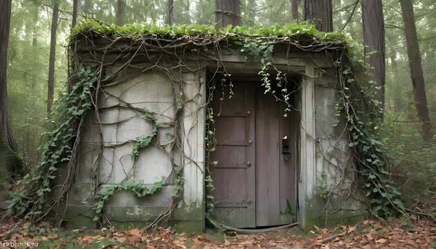 A weathered door with vines crawling up it in a forest