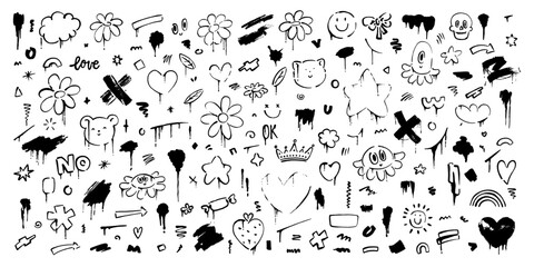 Set of cute, kawaii doodles. Hand drawn anime characters, brush strokes, flowers, cat, bear, jelly fish, splatters, blots, arrows.