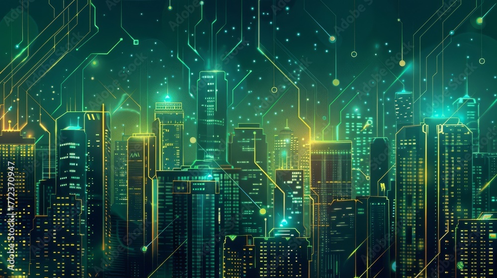 Poster intelligent city concept, building graphics combined with electronic patterns.