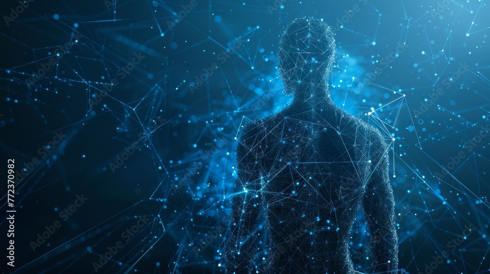 Fototapete This concept of machine learning or digital twins is based on the idea of combining a man's shape with electronic patterns
