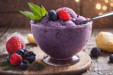 A bowl of ice cream with blueberries and raspberries on top