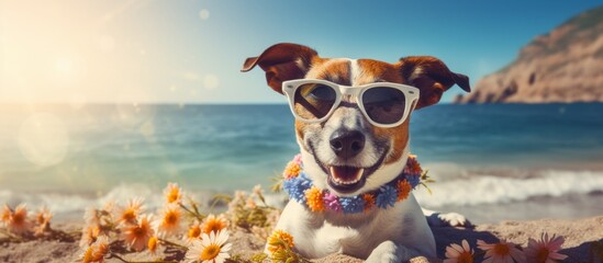 Dog wearing sunglasses and lei lounging on beach by water under sunny sky