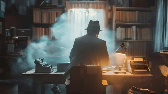 A man in a hat sits at a desk with a typewriter 4K motion
