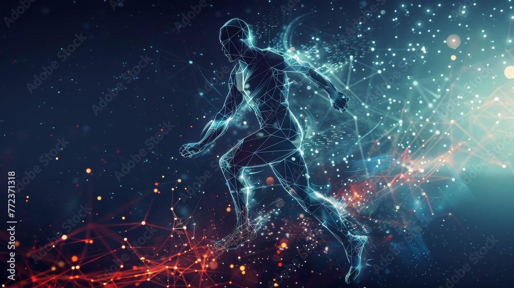 Poster an element of futuristic technology in sport science, with a polygon runner concept