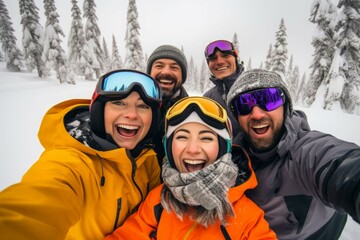 Snowy Skiing friends selfie. Snow group. Generate Ai