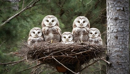 Naklejka na ściany i meble An Owl Family In A Cozy Nest High Up In The Trees