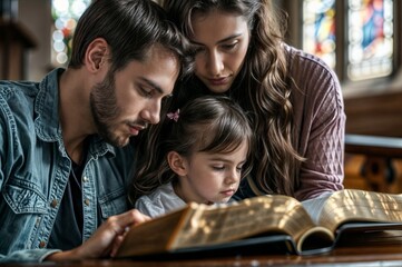young parents with little daughter reading holy bible together in church, family concept