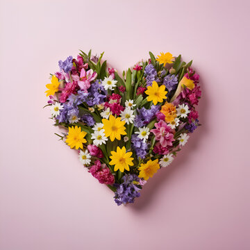 Vibrant spring flowers form a heart, symbolizing love and joy, an ideal image for romantic or seasonal themes on a soft pink background. Minimal concept of love. Flat lay. Floral pattern. Copy space.