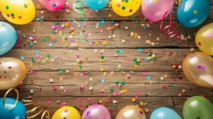 A wooden table decorated with yellow balloons, confetti, and party supplies. The fun and vibrant lighting create the perfect snapshot of a festive event - obrazy, fototapety, plakaty